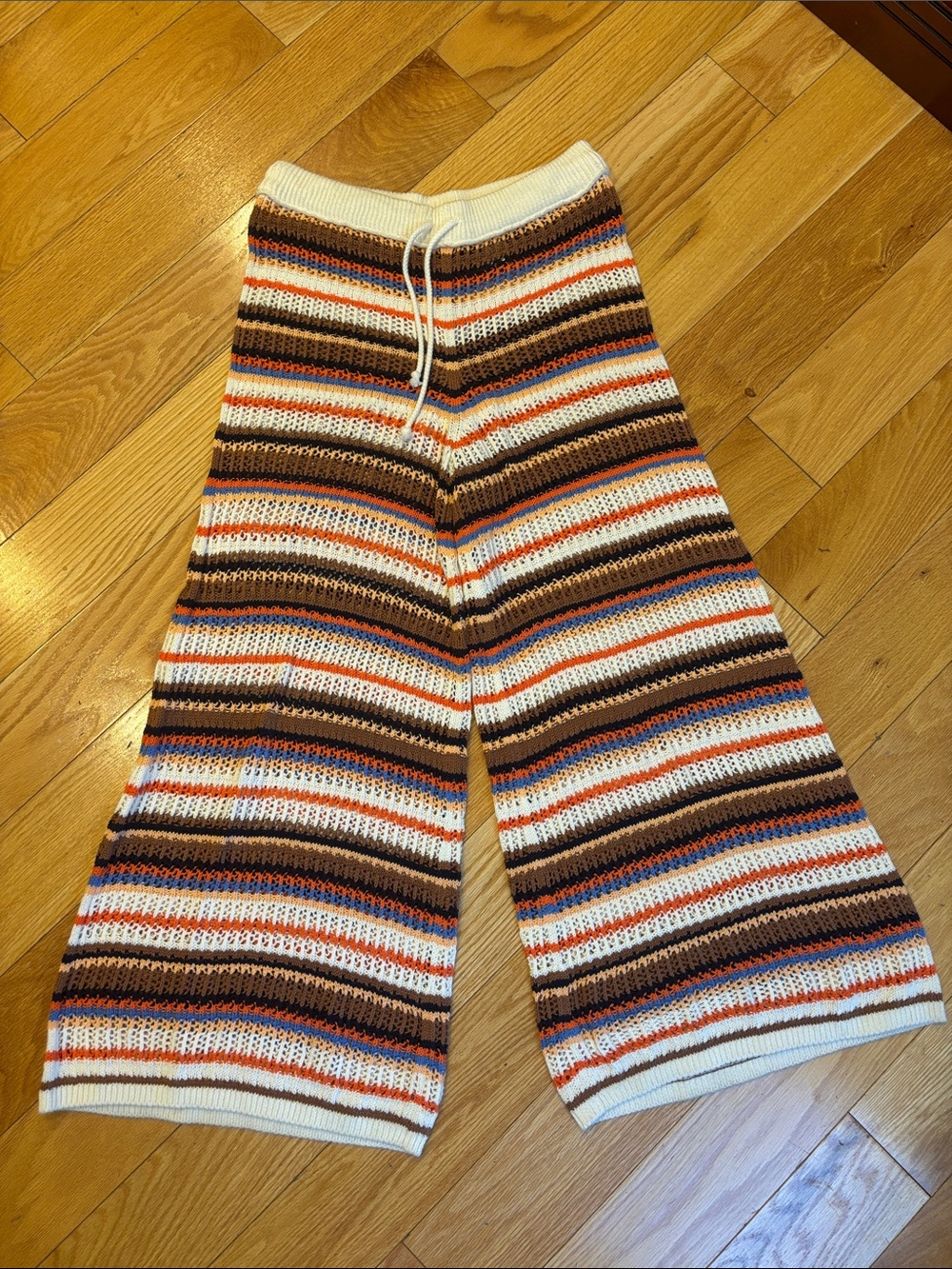 aerie Striped Open-Knit crochet wide leg pants in Cream, Brown, Navy & Orange
